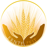 Erntezeit Logo: goldene Ähren in zwei geöffneten Händen